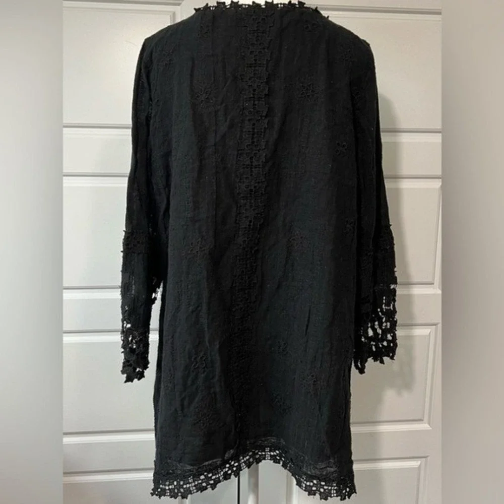 Soft Surrounding Black Embroidered Tunic Crochet Lace Trim Long Sleeve Boho‎ XL